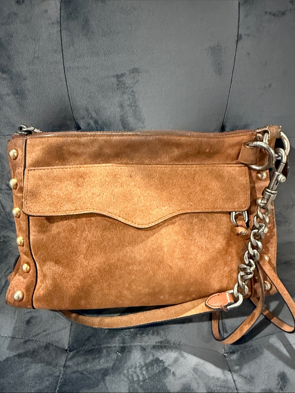 Rebecca Minkoff Brown Suede Shoulder Bag with Silver Chain